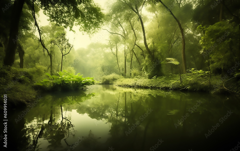 Morning in the green forest with a pond. Generative AI technology. Morning in the green forest with a pond. Generative AI technology.