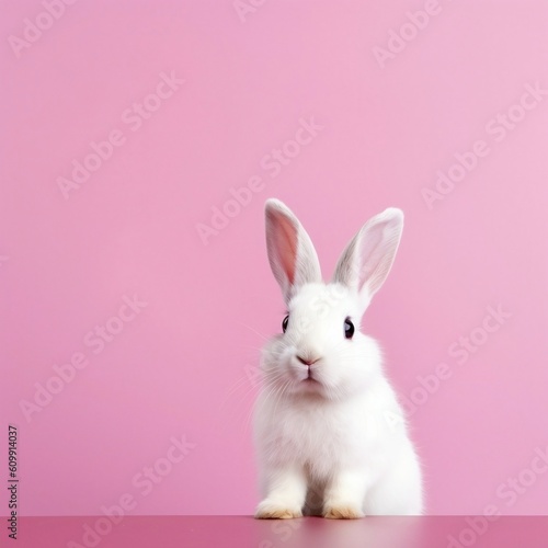 Whimsical White Rabbit on Pink Background. Easter Concept. Generative AI ©  Creative_studio