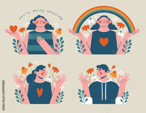 Mental health support concept. Set of cute clip arts with women, man, okay gesture, rainbow, text, flowers, heart. Modern pesons, who holding rainbow and show okay gest. Psychological health support.