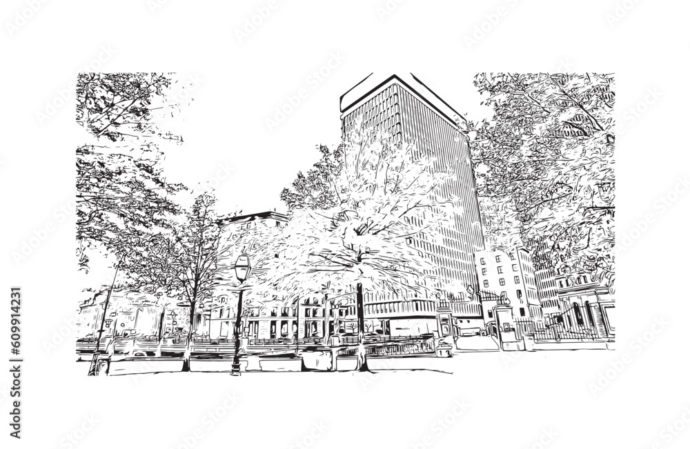 Building view with landmark of Providence is the capital city in U.S. state. Hand drawn sketch illustration in vector.