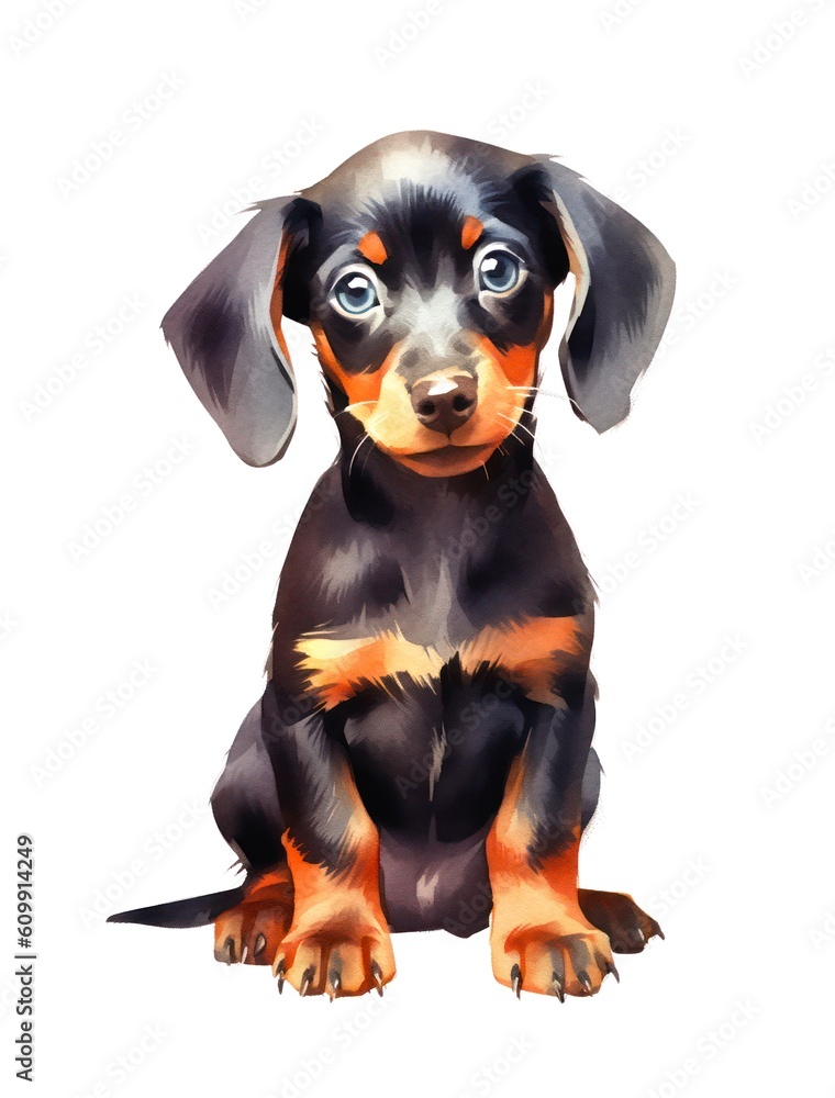 Watercolor cartoon illustration of a cute Dachshund puppy on white background. Generative AI.