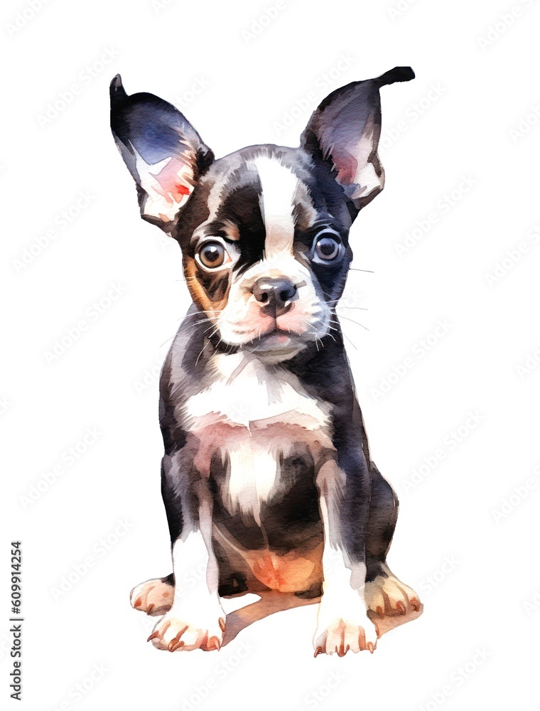 Watercolor cartoon illustration of a cute Boston Terrier puppy on white background. Generative AI.