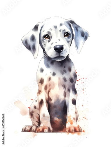 Watercolor cartoon illustration of a cute Dalmatian puppy on white background. Generative AI.