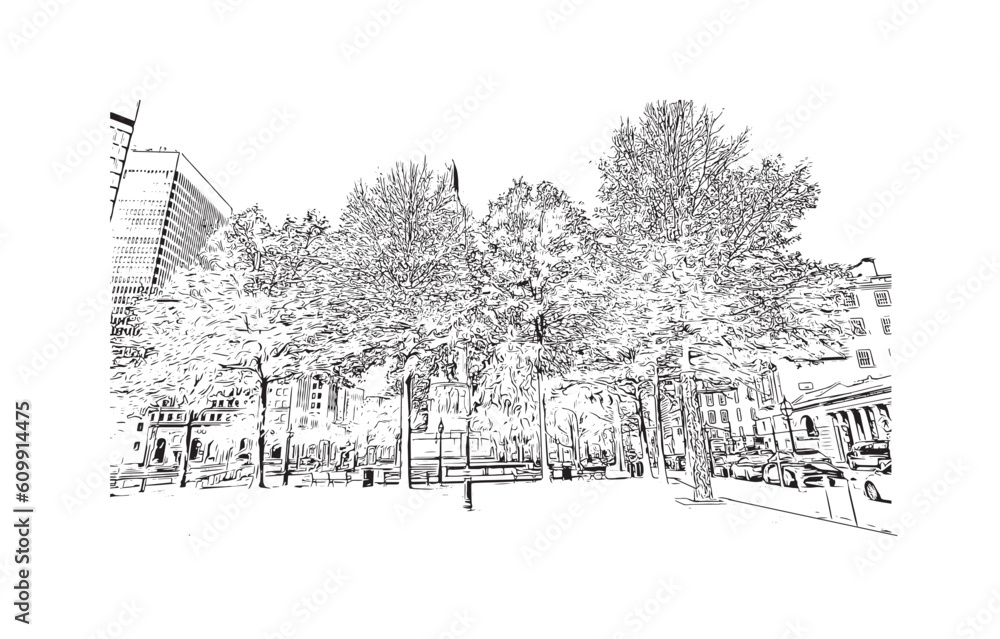 Building view with landmark of Providence is the capital city in U.S. state. Hand drawn sketch illustration in vector.