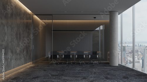 modern contemporary clean meeting room for background BOD photo group    minimalis wood  stone wall  natural lighting from big open windows.