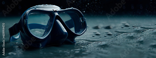  Diving mask, against the background of water, dark style.