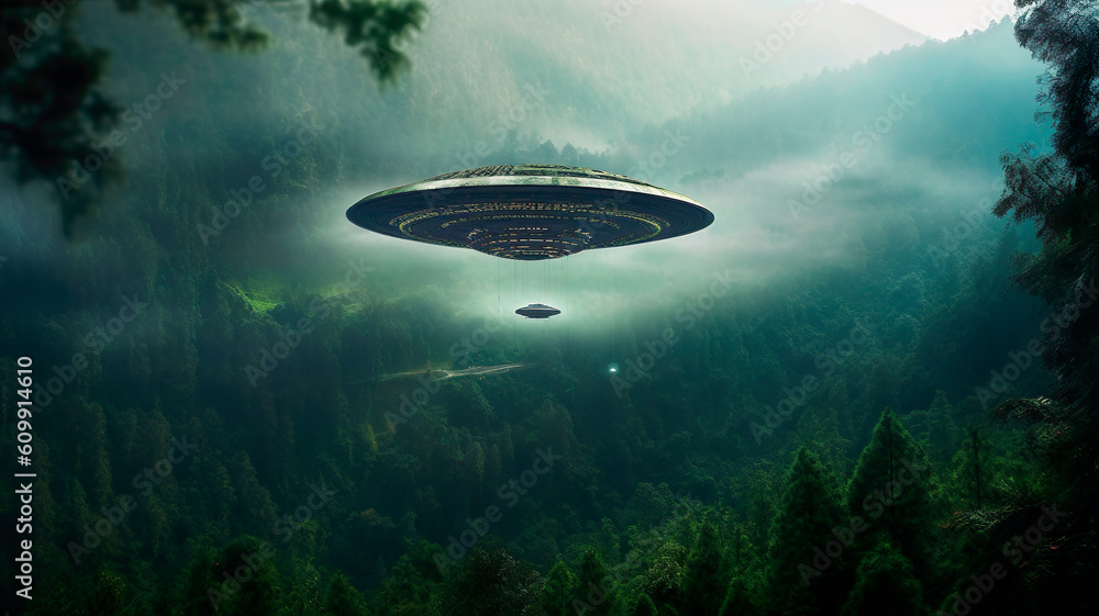 Landscape with UFOs in the sky, ai generated Landscape with UFOs in the sky, ai generated