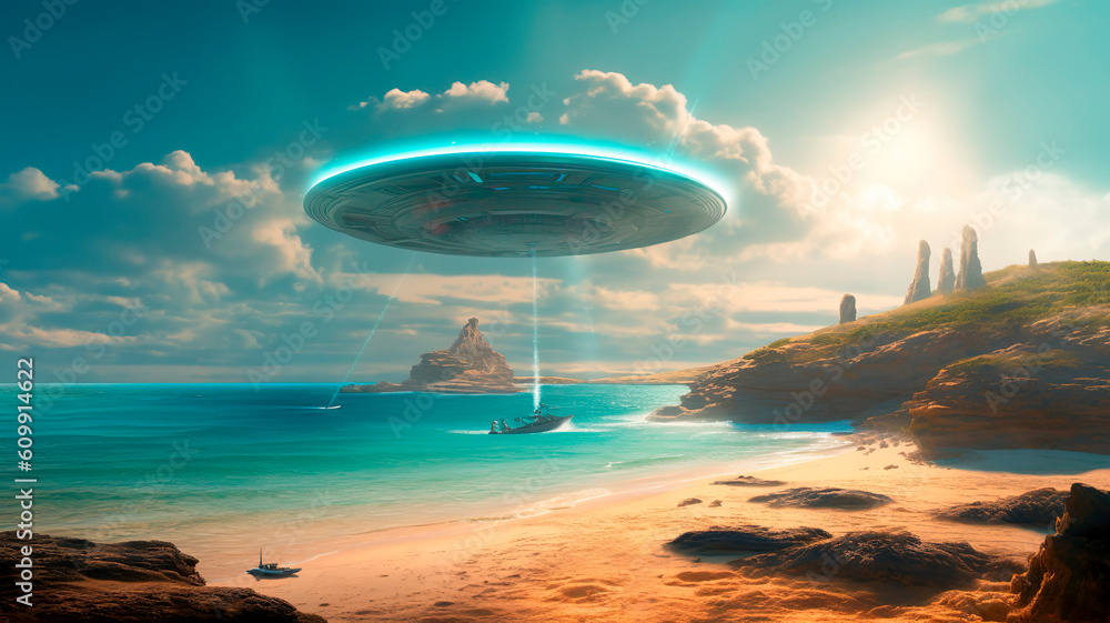 Landscape with UFOs in the sky, ai generated Landscape with UFOs in the sky, ai generated