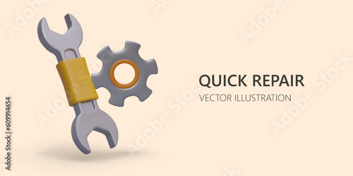 Help in setting up software and equipment. Fast repair services. Poster with 3D wrench and gear. Realistic illustration with shadow. Template for web design