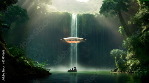 Landscape with UFOs in the sky, ai generated