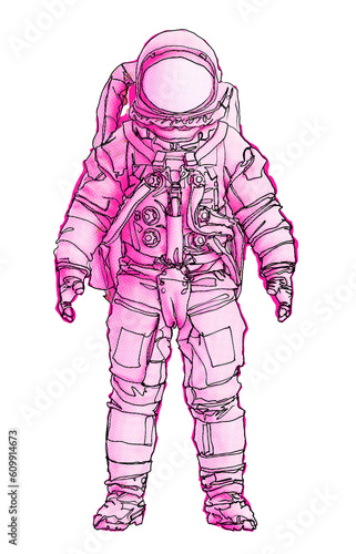 Pink Astronaut Spaceman Hand Drawn Halftone Graphic Retro Illustration Overlay Layer Illustration © paul