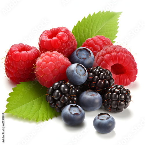 raspberry blackberry blueberry with leaves
