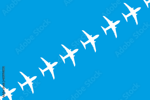 Big horizontal banner with Airplane pattern. White silhouette of Aircraft on blue background. Creative poster with civil aviation. Vector Art.