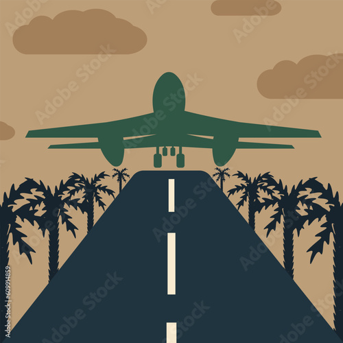 Airplane flying above the Runway and Palm Tree. Advertising Travel banner. Summer card with Plane. Aircraft silhouette in the tropical background. Charter flight. Retro Vibes 70s. Vector illustration.