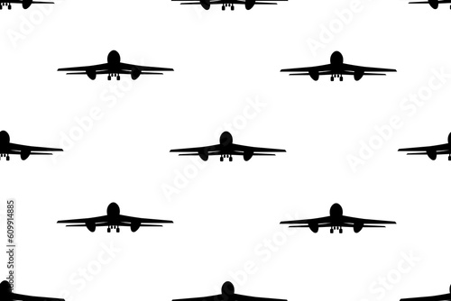 Seamless pattern with Airplane silhouette isolated on white background. Endless ornament with Boeing. Wallpaper and bed linen print. Civil aviation day banner. Vector illustration.