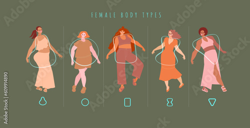 Set of full female body types circle, triangle, pear, hourglass and rectangle. Different women in swimsuits demonstrate different body shapes. Vector illustration of chubby girls with different skins 