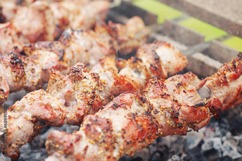 Pork is cooked in spices on the grill. Fried meat, shish kebab. Pork is cooked in spices on the grill. Fried meat, shish kebab.