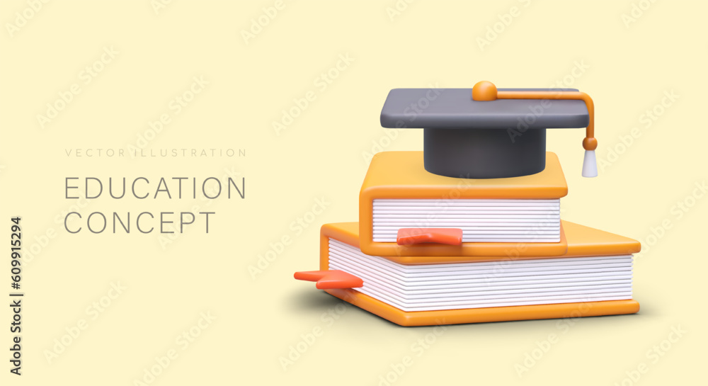 Educational concept. Stack of books with graduate hat. Poster with 3D illustration. Vector template for schools, universities, academies. Certified diplomas Educational concept. Stack of books with graduate hat. Poster with 3D illustration. Vector template for schools, universities, academies. Certified diplomas