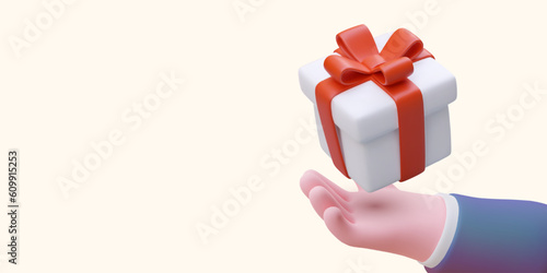 Giveaway. 3D hand holding gift box tied with ribbon. Bonus for fulfilling conditions of promotion. Congratulations to winner. Free goods. Vector banner with place for text, logo