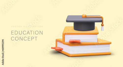 Educational concept. Stack of books with graduate hat. Poster with 3D illustration. Vector template for schools, universities, academies. Certified diplomas