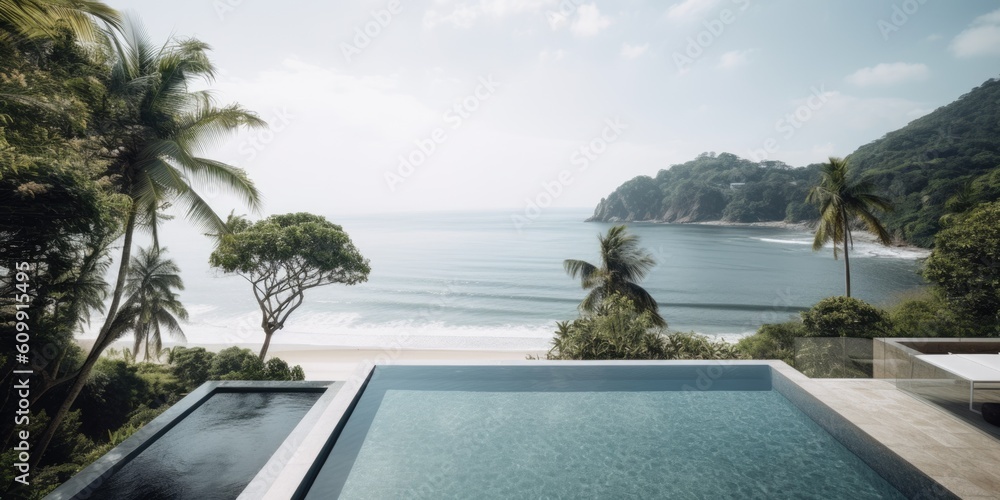 Fototapeta premium Outdoor tourism landscape. Luxurious beach resort with swimming pool. Summer travel and vacation background concept. Generative AI