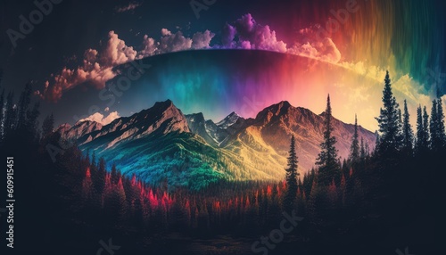 Magical colorful image of mountain with stars above. Generative AI