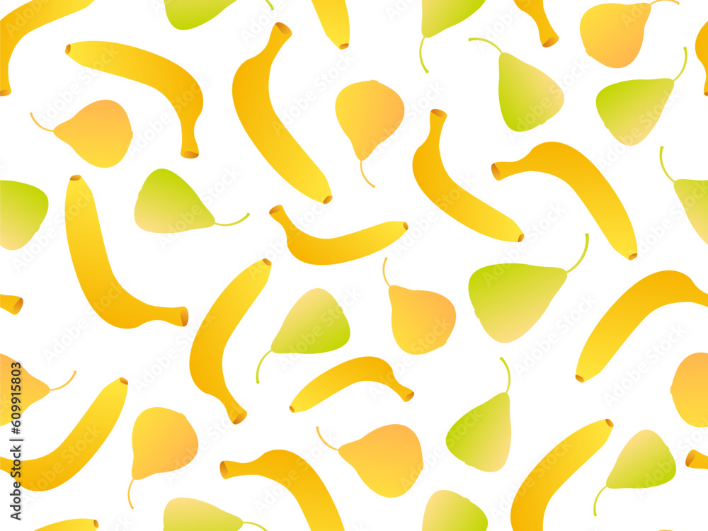 Seamless pattern with pears and bananas, gradient colors. Summer fruit mix with banana and pear on a white background. Design for print, banners and posters. Vector illustration Seamless pattern with pears and bananas, gradient colors. Summer fruit mix with banana and pear on a white background. Design for print, banners and posters. Vector illustration