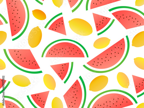 Fototapeta Naklejka Na Ścianę i Meble -  Seamless pattern with watermelon slices and lemons, gradient colors. Summer fruit mix with lemon and watermelon on a white background. Design for print, banners and posters. Vector illustration