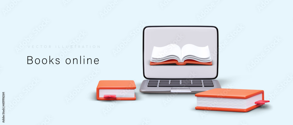 Realistic laptop and books. Reading and buying books online via gadgets. Promo poster for web library with place for text. Cartoon vector illustration in red, blue and gray colors Realistic laptop and books. Reading and buying books online via gadgets. Promo poster for web library with place for text. Cartoon vector illustration in red, blue and gray colors