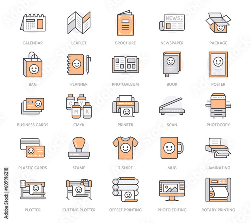 Printing house flat line icons. Print shop equipment - printer, scanner, offset machine, plotter, brochure, stamp. Thin linear signs for polygraphy office, typography. Orange color. Editable stroke