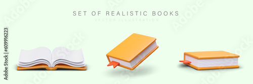 Set of realistic 3d books with orange cover in different positions. Poster with products for book online store concept. Colorful vector illustration in cartoon style with green background