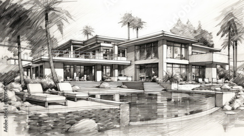 Generative ai illustration of architect sketch from a contemporary house with swimming pool