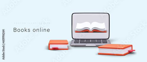 Realistic laptop and books. Reading and buying books online via gadgets. Promo poster for web library with place for text. Cartoon vector illustration in red, blue and gray colors