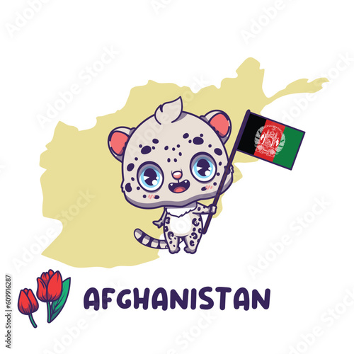 National animal snow leopard holding the flag of Afghanistan. National flower tulip displayed on bottom left