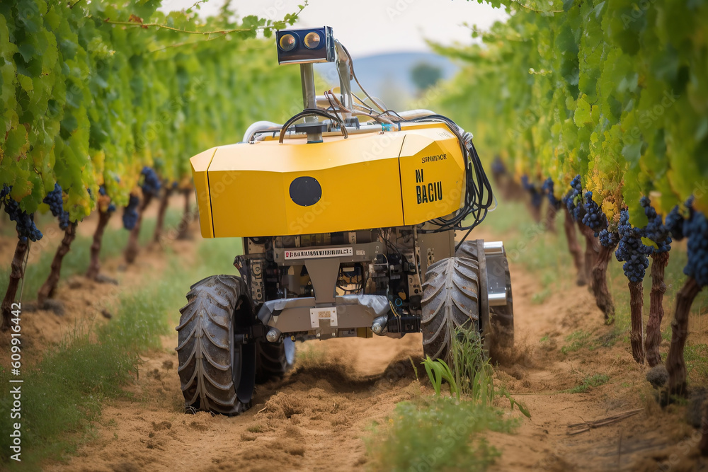 Obraz premium Image of an agriculture robotic vehicle in the vineyard lane keeping the ground clean.