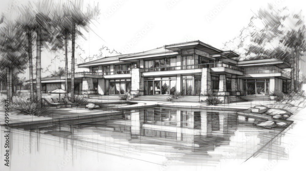 Generative ai illustration of architect sketch from a contemporary house with swimming pool