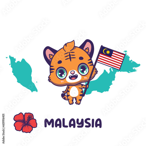 National animal tiger holding the flag of Malaysia. National flower hibiscus displayed on bottom left