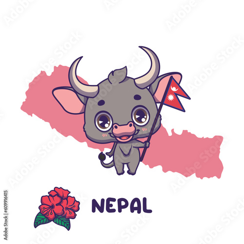 National animal zebu holding the flag of Nepal. National flower rhododendron arboreum displayed on bottom left