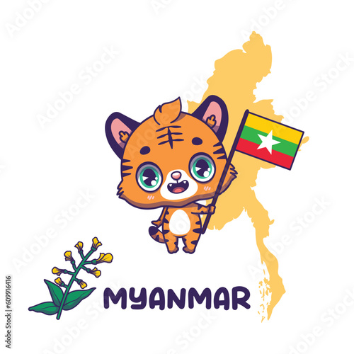 National animal tiger holding the flag of Myanmar. National flower padauk displayed on bottom left