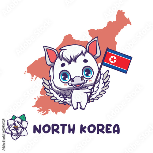 National animal chollima holding the flag of North Korea. National flower magnolia sieboldii displayed on bottom left