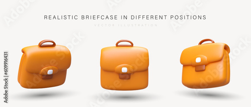 Set of realistic briefcases with handle and clasp. Collection of illustrations with shadows. Business bag for documents. Office handbag. Isolated vector image