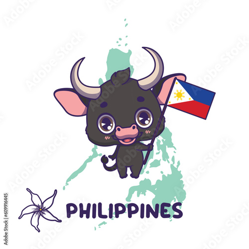 National animal carabao holding the flag of Philippines. National flower sampaguita jasmine displayed on bottom left