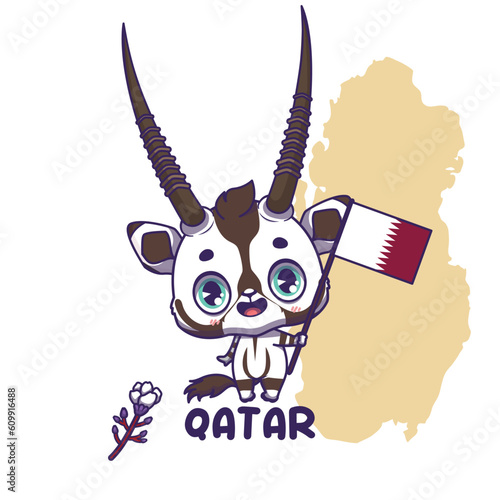 National animal oryx holding the flag of Qatar. National flower lemonium displayed on bottom left