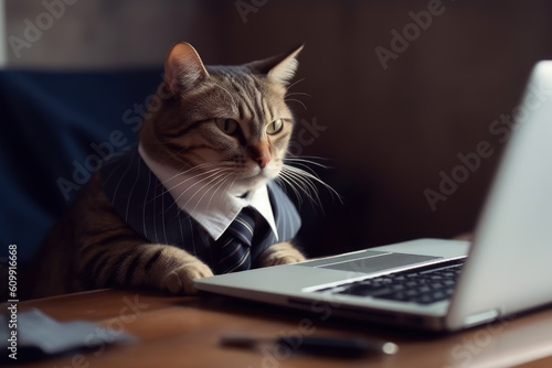 Cat businessman in a suit works at a laptop in the office, AI Generated