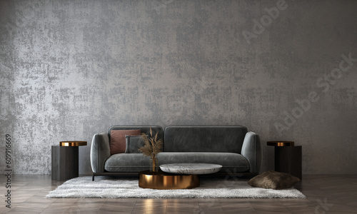 Modern sofa and concrete wall in living room interior, modern design, mock up furniture decorative interior, 3d rendering