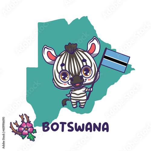 National animal zebra holding the flag of Botswana. National flower kalahari devil's claw displayed on bottom left