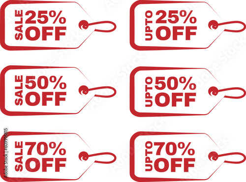 Price badges and tags for discount sales or marketing purposes. 25, 50, 70 percent discount vector set.