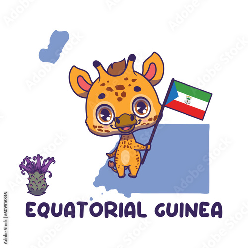 National animal giraffe holding the flag of Equatorial Guinea. National flower vernonia djalonensis displayed on bottom left