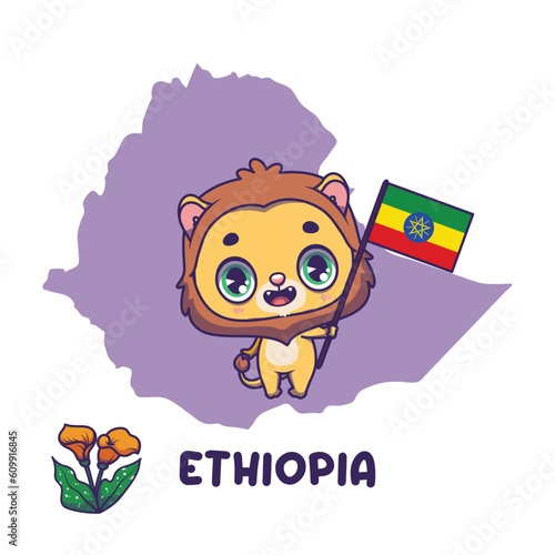 National animal lion holding the flag of Ethiopia. National flower calla lily displayed on bottom left