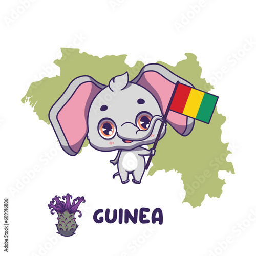 National animal elephant holding the flag of Guinea. National flower vernonia djalonensis displayed on bottom left